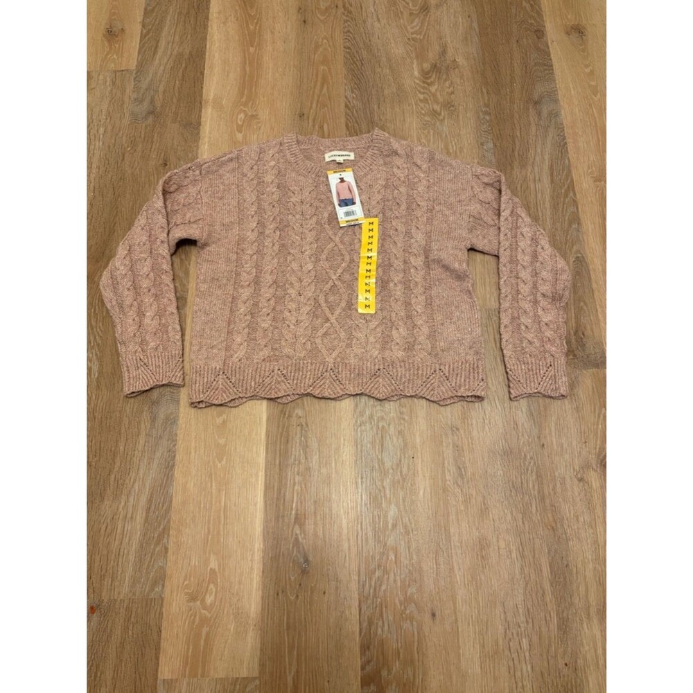 NWT Lucky Brand Pointelle Cable Knit Scalloped Sweater Pink Heather Size Medium